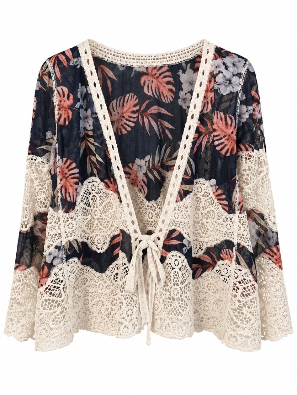 Lace-Trim Floral Kimono Tunic - Navy & Cream